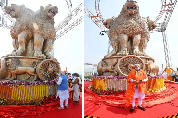 A 6.5 meters tall Ashoka Pillar’s sculpture inaugurated by PM Narendra Modi on the roof of New Parliament Building.